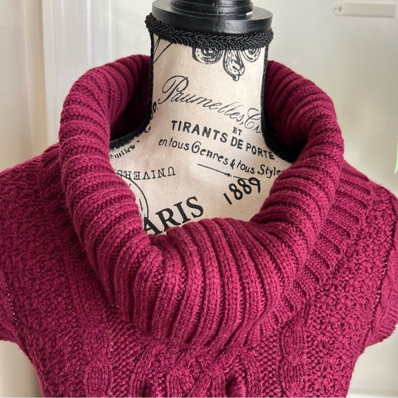 J.J. Basics Cable Knit Cowl Neck Cap Sleeve Sweater Dress Burgundy Sz L - Picture 3 of 16